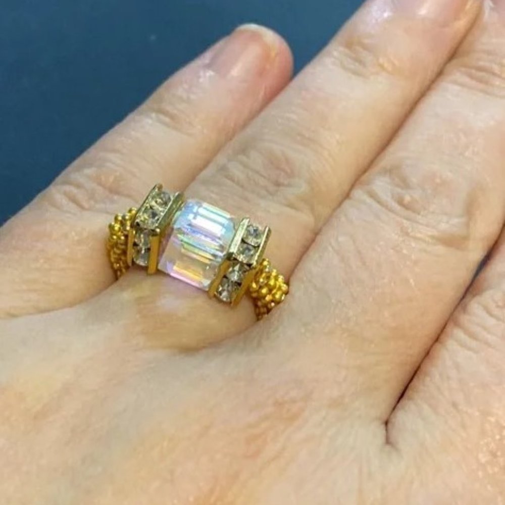 Stretch ring Swarovski crystal Square Clear AB Gold vermeil - Picture 3 of 4